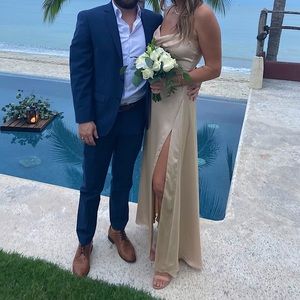 Fame & Partners X Free People champagne long gown with side slit.